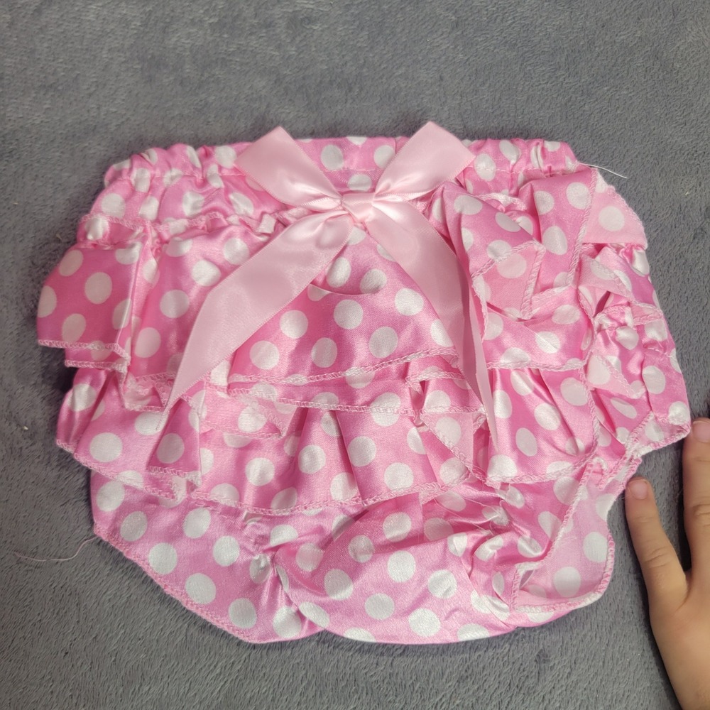 Pink Polka Dot Ruffle Bloomers Baby Toddler Diaper Cover Satin Bow Size L